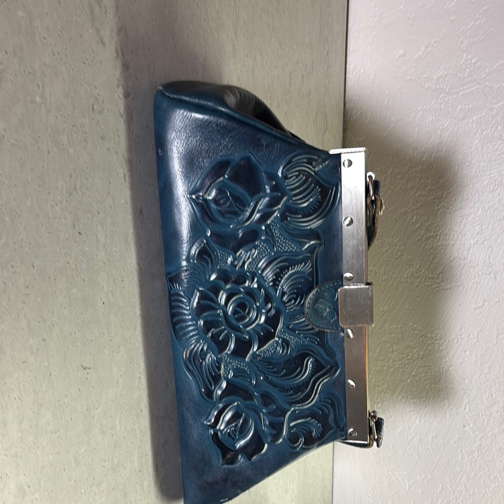 Patricia Nash Elegant Blue Embossed KISS Lock Structured Shoulder Bag